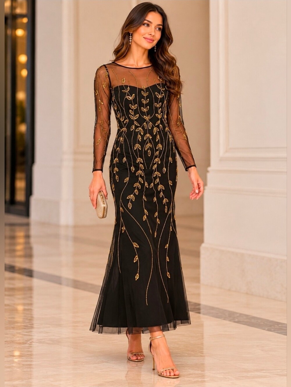 NWOT Adrianna Papell Women's Black & Gold Beaded Long-Sleeve Maxi Dress